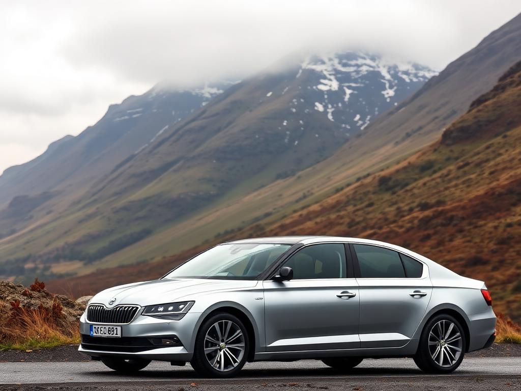 Silver executive saloon car parked on a Highland roadside below Ben Nevis