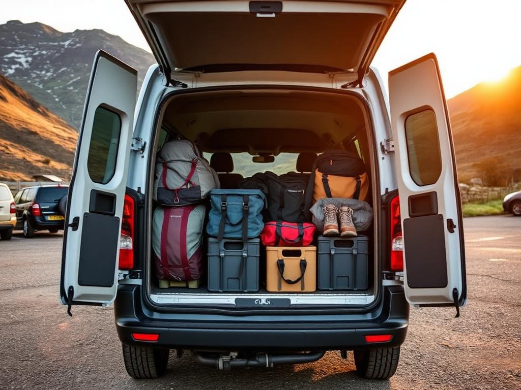 White eight-seater minibus with rear doors open, loaded with hiking kit bags and boot crates at a Snowdonia car park