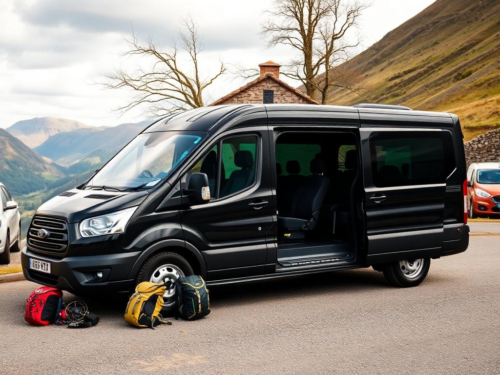 Black six-seater MPV people carrier at a Lake District trailhead with rucksacks beside the open side door